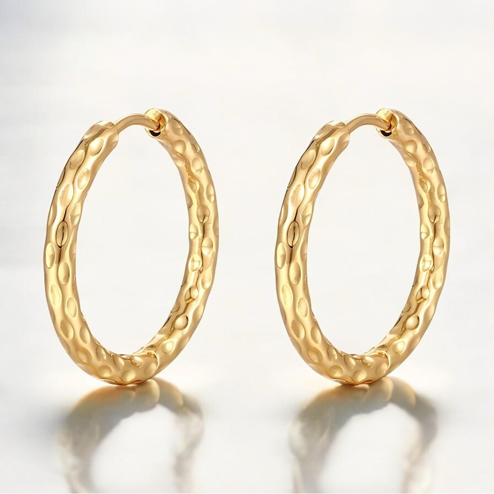 Hammered 18K Gold PVD Plated Hoop Earrings